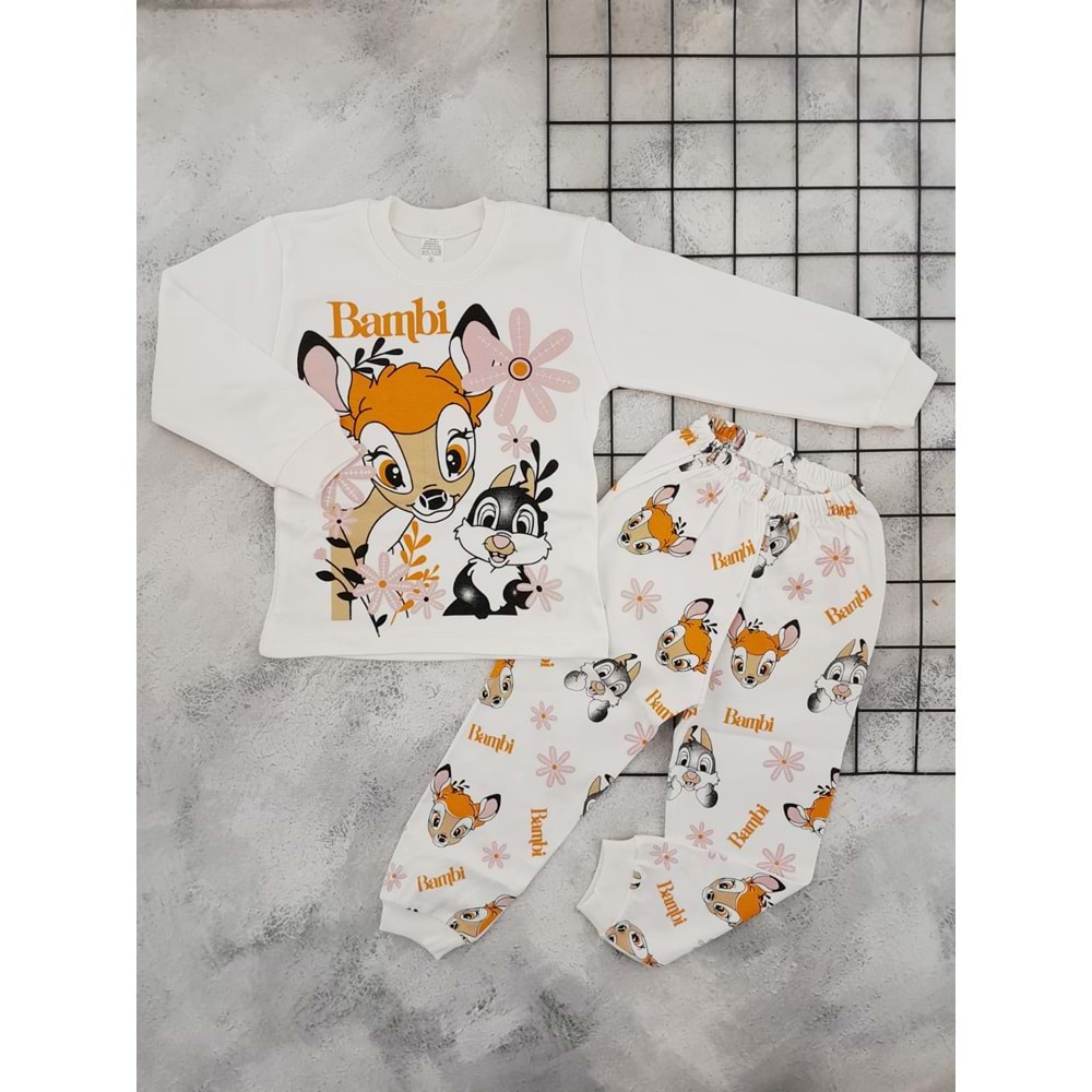 BEBEMER 0106 BAMBİ BASKILI PİJAMA TAKIM - KREM - 5 YAŞ