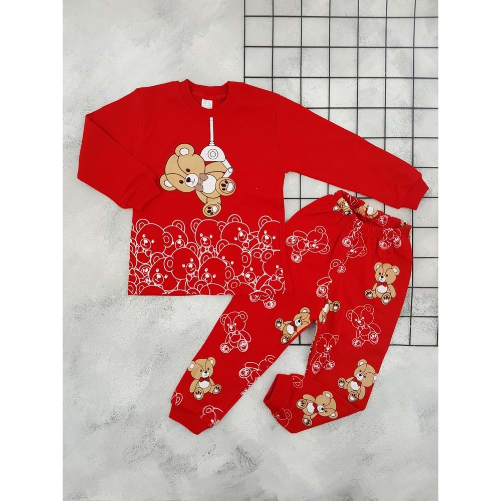 BEBEMER 0107 AYICIK BASKILI PİJAMA TAKIM - KIRMIZI - 1 YAŞ