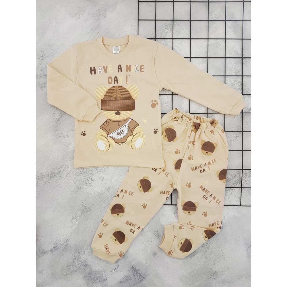 BEBEMER 0111 ŞAPKALI AYI PİJAMA TAKIM - BEJ - 5 YAŞ