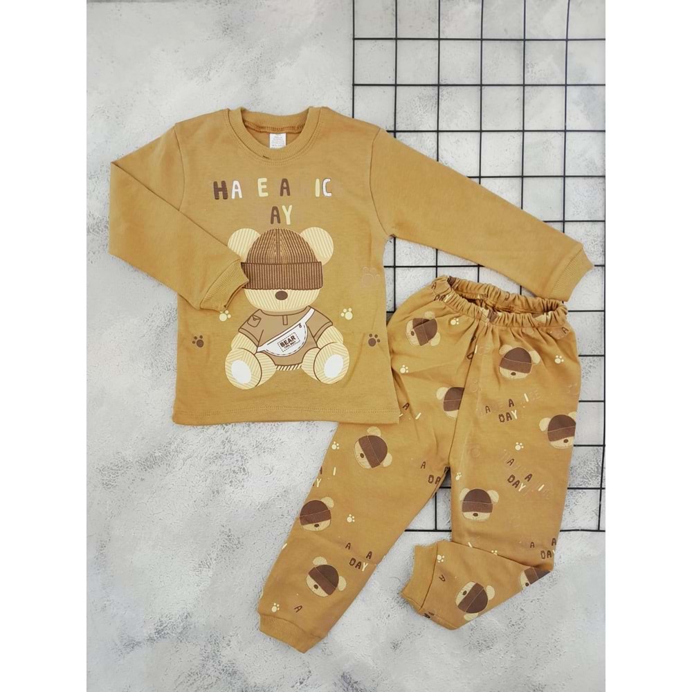 BEBEMER 0111 ŞAPKALI AYI PİJAMA TAKIM - KAHVE - 1 YAŞ