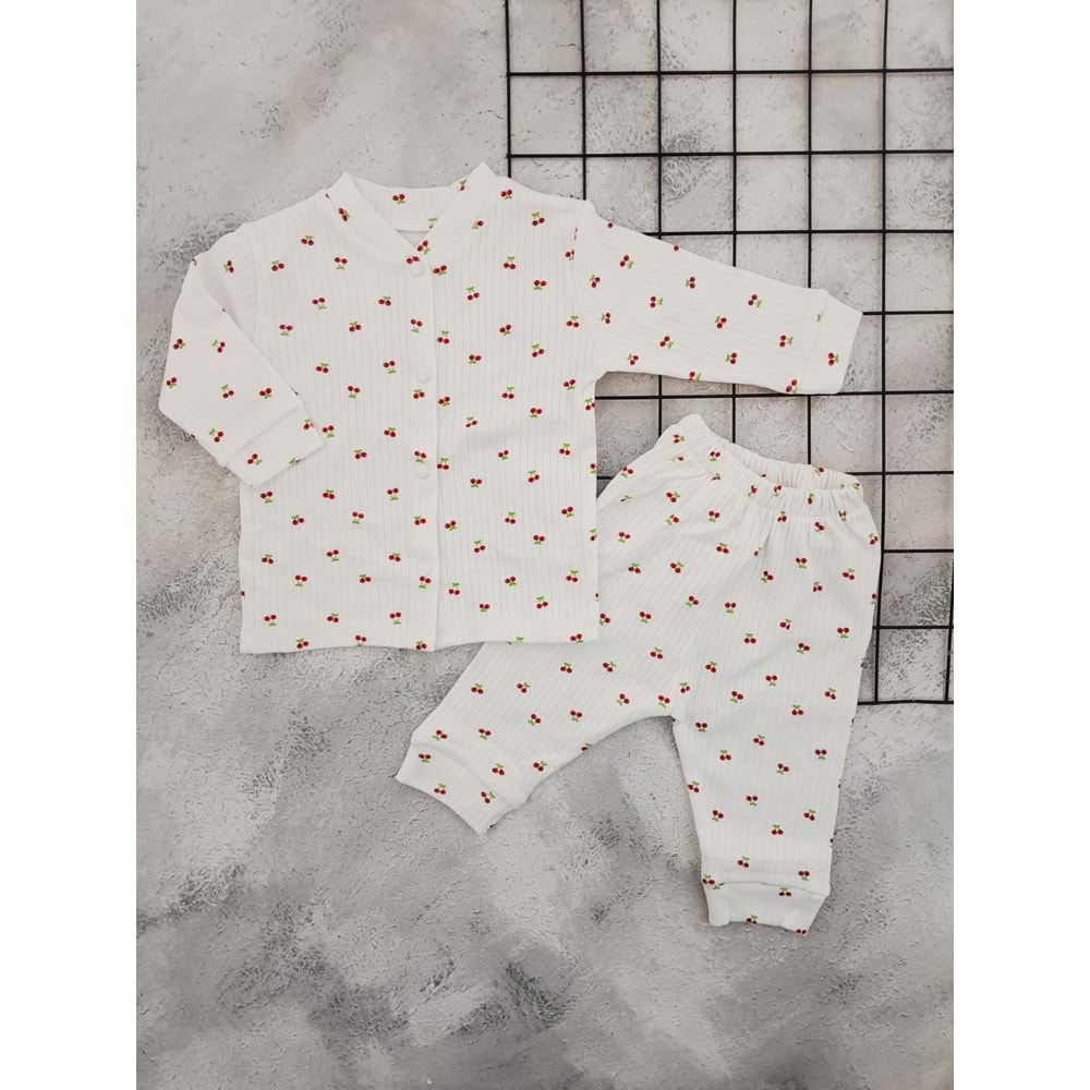 BEBEMER 0115 KİRAZ BASKILI PİJAMA TAKIM - BEYAZ - 12 AY