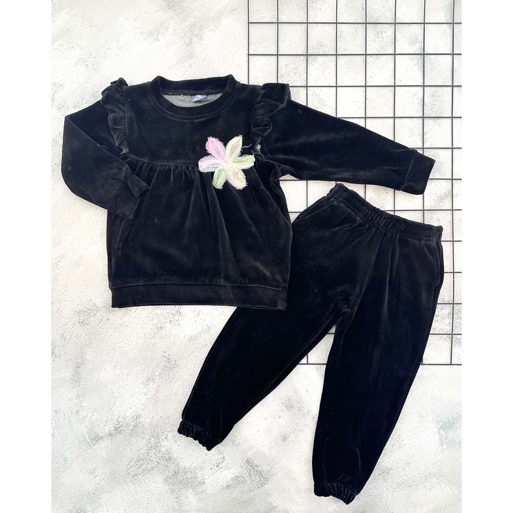 NAZAR 25973 ÇİÇEK NAKIŞLI KADİFE TAKIM - SİYAH - 6 YAŞ