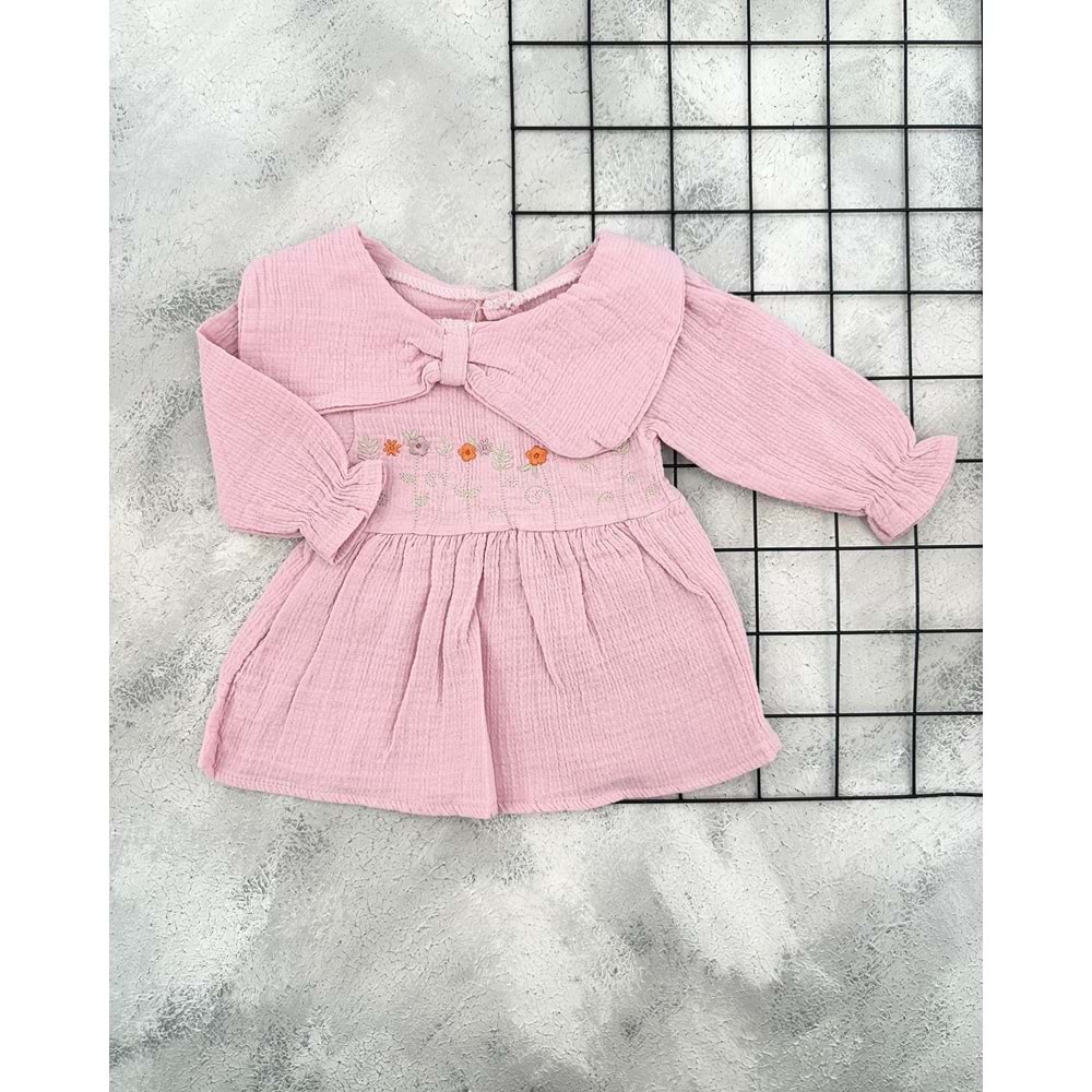 BG 5802 FİYONK YAKALI MÜSLİN ELBİSE - PEMBE - 12-18 AY