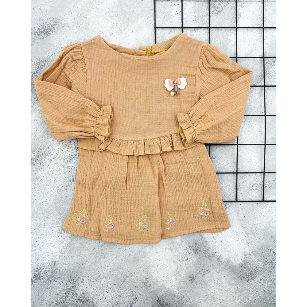 BG 5802 FİSTO YAKA MÜSLİN ELBİSE - KAHVE - 18-24 AY