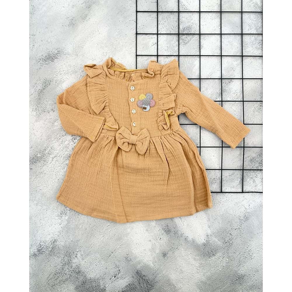 BG 5802 FIRFIRLI MÜSLİN ELBİSE - KAHVE - 9-12 AY