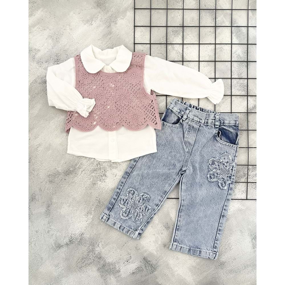 LUMİA 4149 PAPATYA NAKIŞLI KOT TAKIM - MÜRDÜM - 3 YAŞ