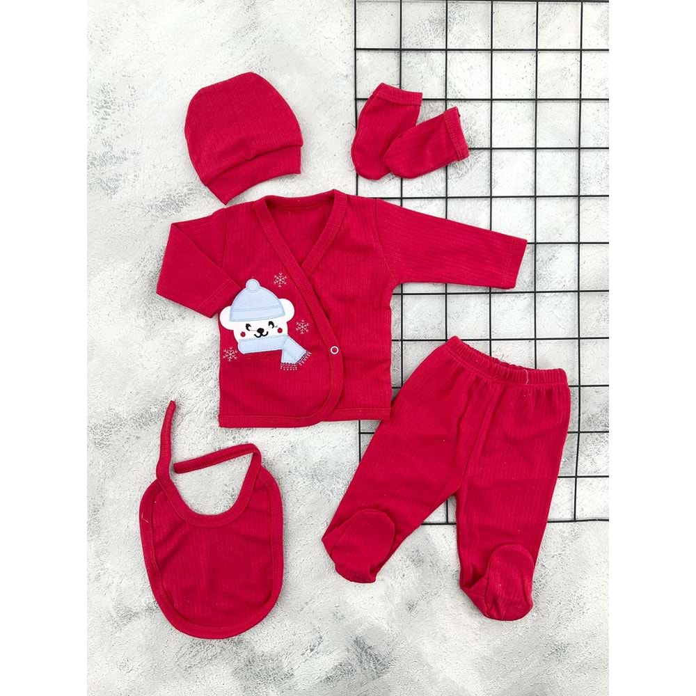 MİNİK 1010 ATKILI AYI NAKIŞ 5 Lİ ZIBIN SET - KIRMIZI - 0 AY