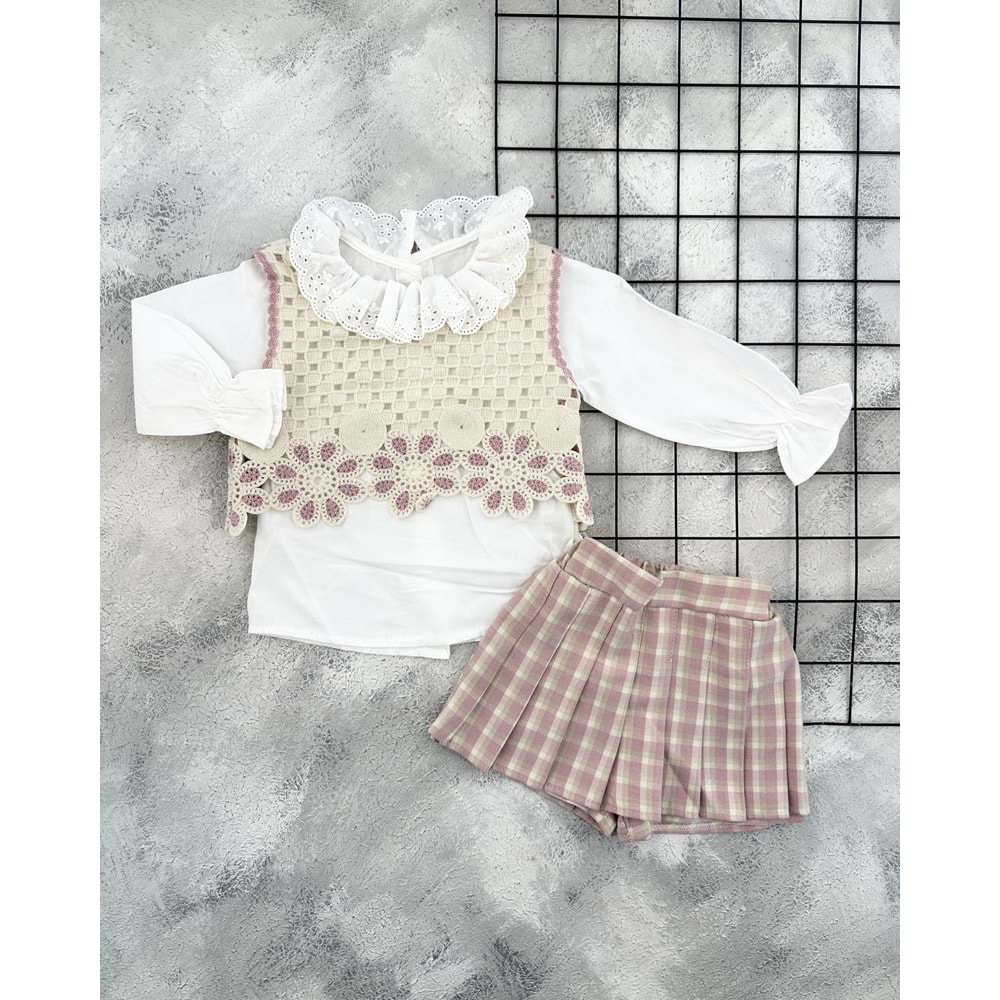 LUMİA 4116 ÇİÇEKLİ EKOSE ŞORT ETEK TAKIM - MÜRDÜM - 7 YAŞ