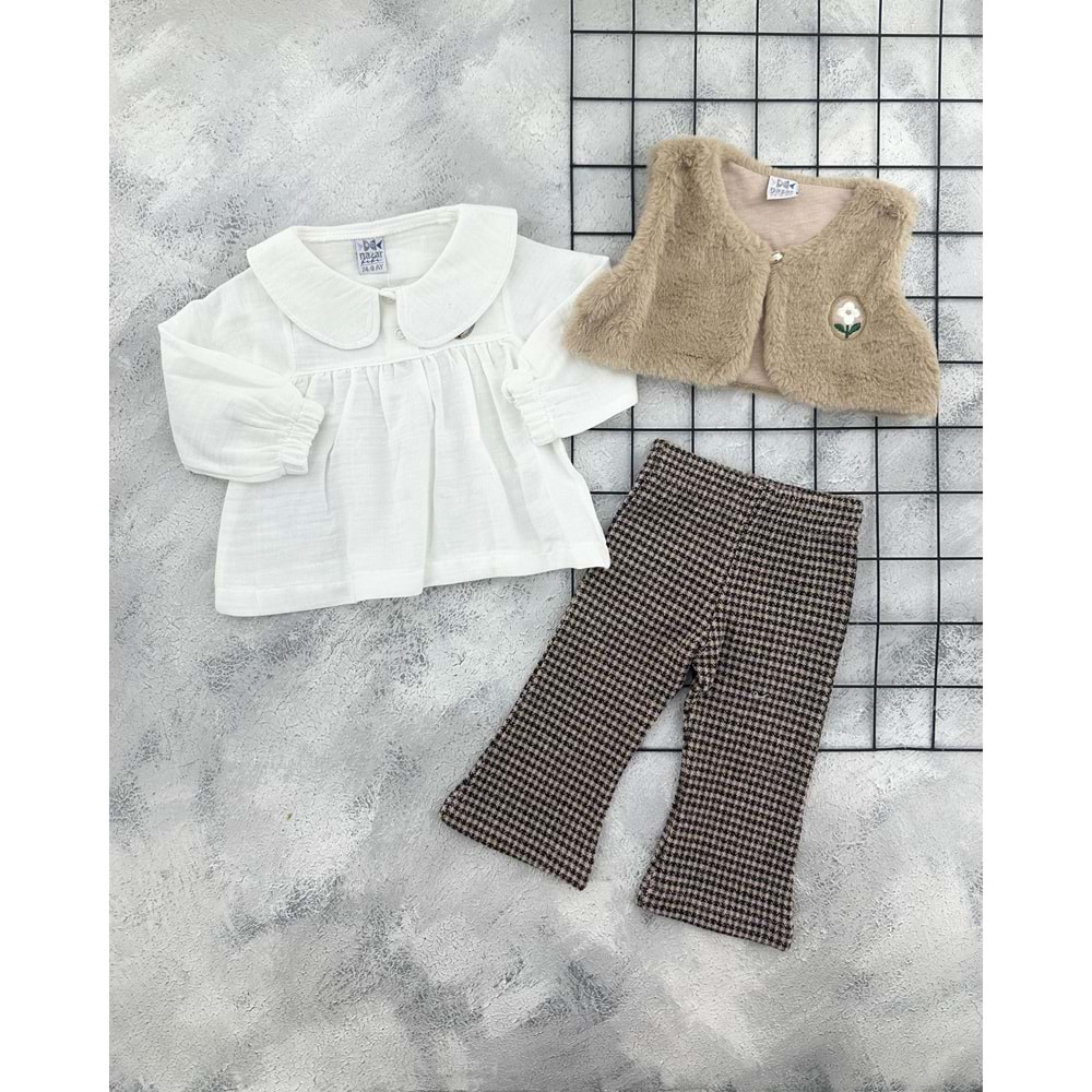 NAZAR 26072 PELUŞ YELEKLİ 3 LÜ TAKIM - SÜTLÜ KAHVE - 12 AY