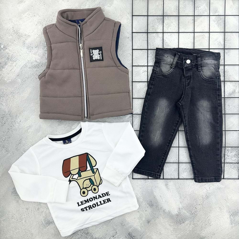 HOLA 80280 NEW BEAR YELEKLİ 3 LÜ TAKIM - KAHVE - 9 AY