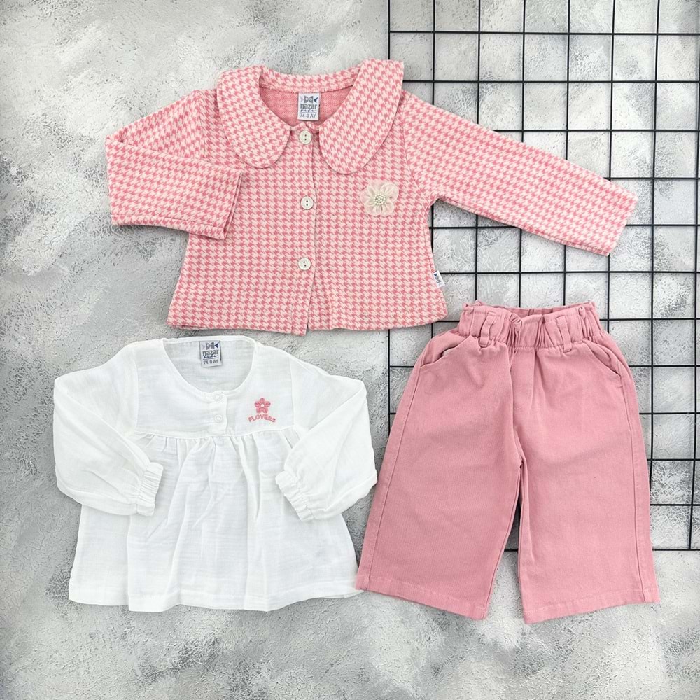 NAZAR 26092 İNCİ ÇİÇEKLİ CEKETLİ TAKIM - PEMBE - 9 AY