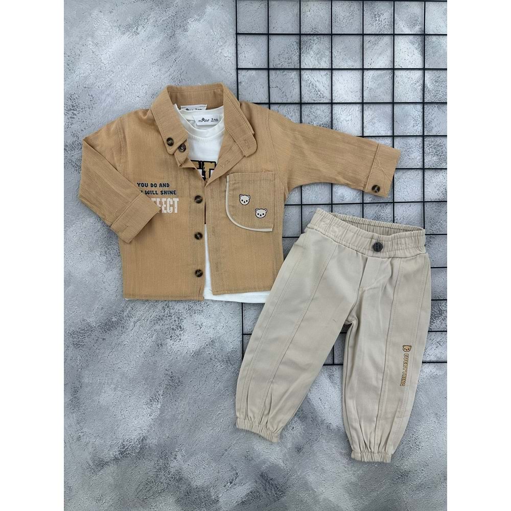 MİX LIFE 6401 AYI KAFALAR GÖMLEK TAKIM - SÜTLÜ KAHVE - 9 AY