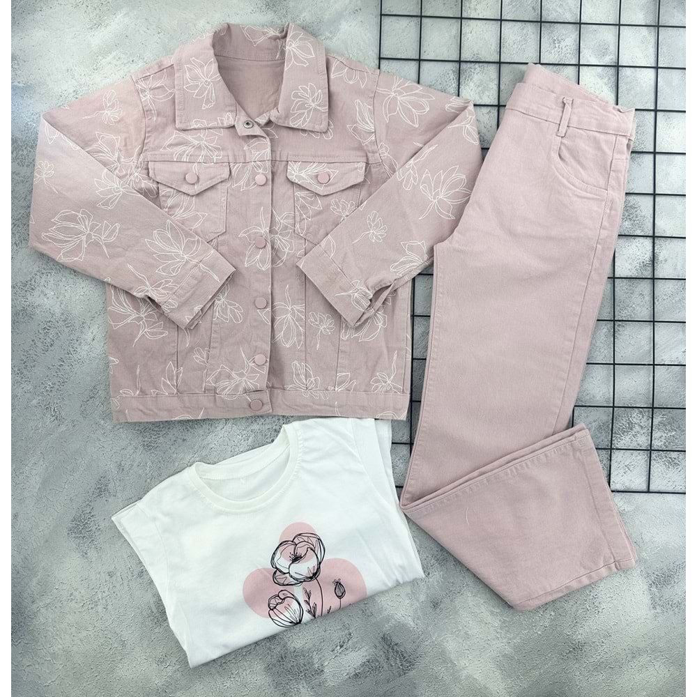 ECOO 3786 ÇİÇEK BASKILI KOT TAKIM - PEMBE - 9 YAŞ