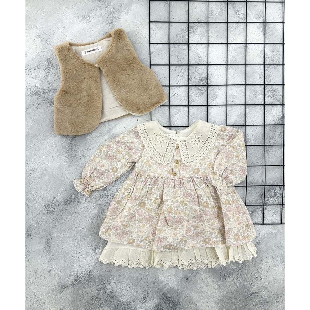 BEBİÇO 5433 PELUŞ YELEKLİ ÇİÇEKLİ ELBİSE - KAHVE - 18-24 AY