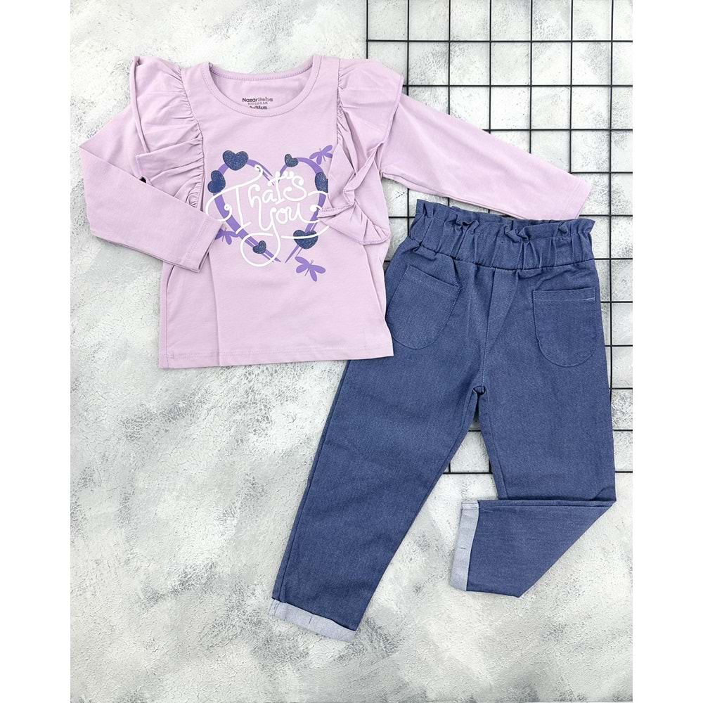 NAZAR 24161 KALP BASKILI MEVSİMLİK KOT TAKIM - LİLA - 4 YAŞ