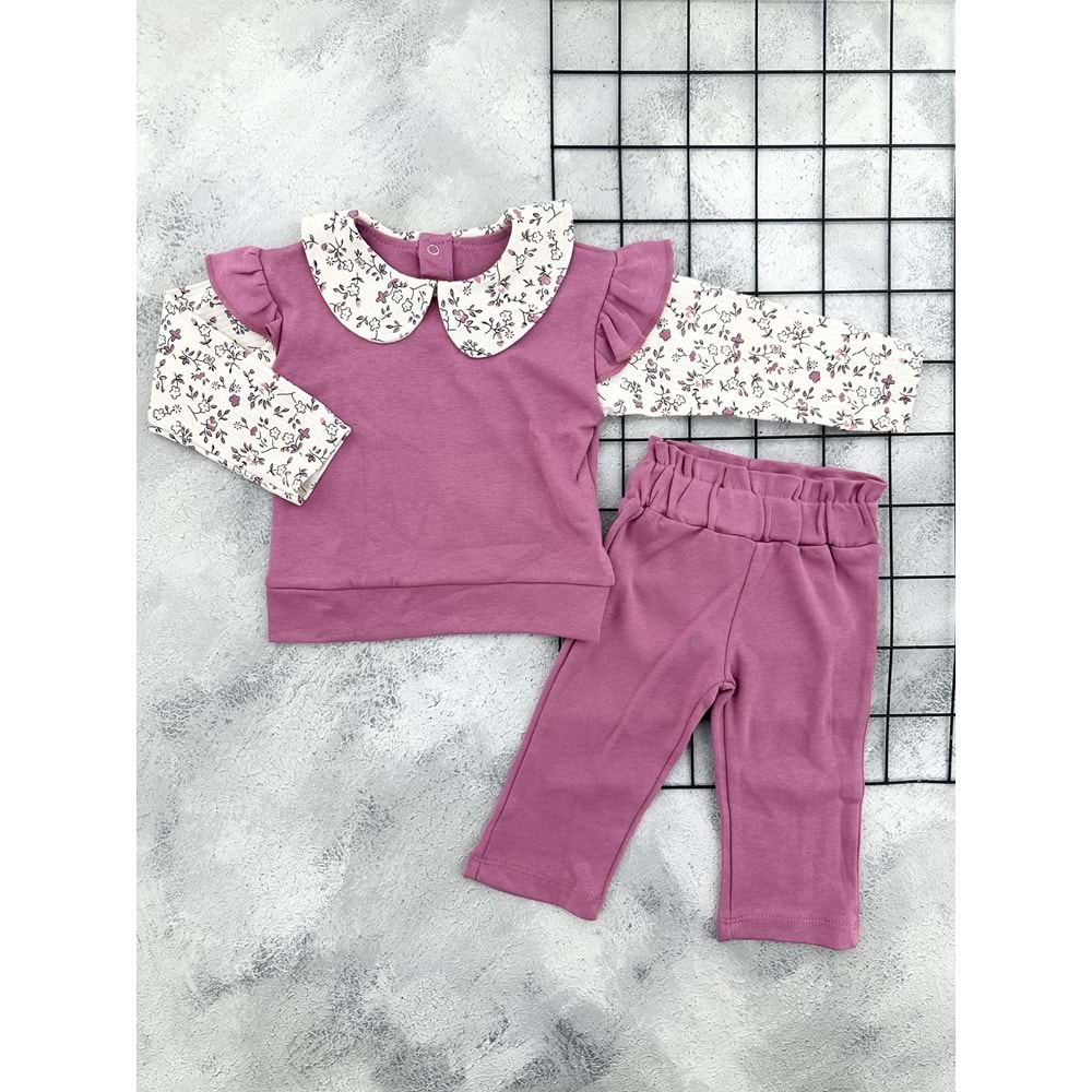 NAZAR 26132 YAKALI ÇİÇEK BASKILI MEVSİMLİK TAKIM - MÜRDÜM - 9 AY