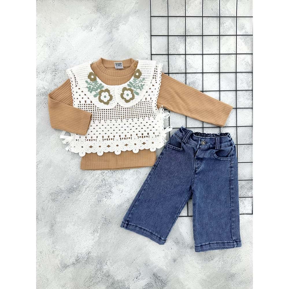 NAZAR 26121 ÖRME YAKALI SÜVETERLİ KOT TAKIM - KAHVE - 9 AY