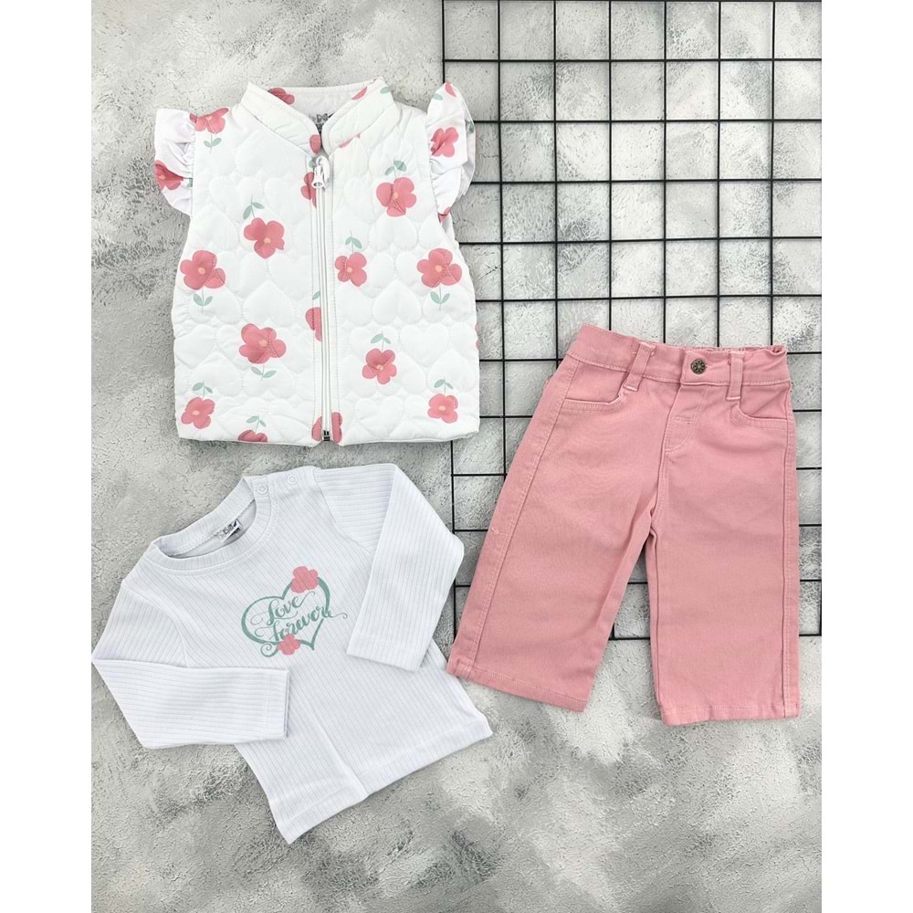 NAZAR 26054 ÇİÇEKLİ KAPİTONE YELEK KOT TAKIM - PEMBE - 24 AY