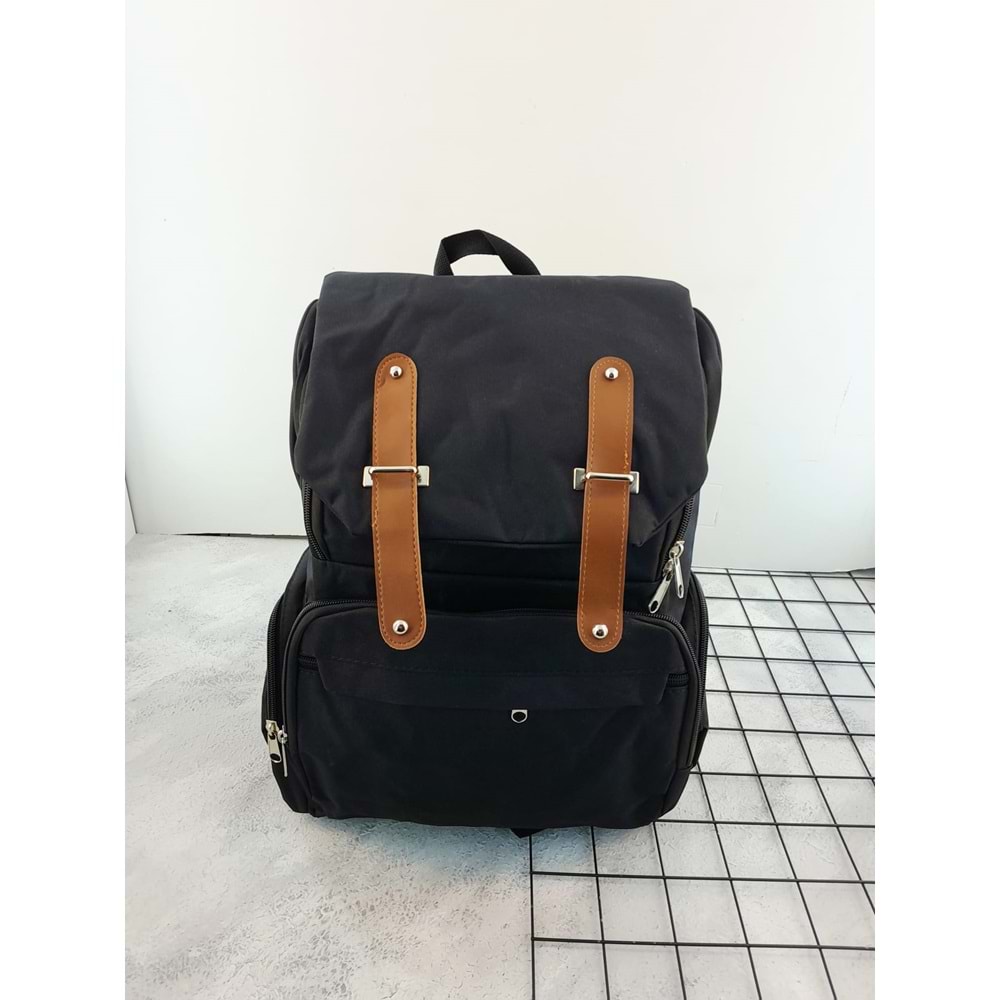 ÖGA BÜYÜK BOY KAPAKLI DÜZ KETEN ANNE SIRT ÇANTASI - SİYAH