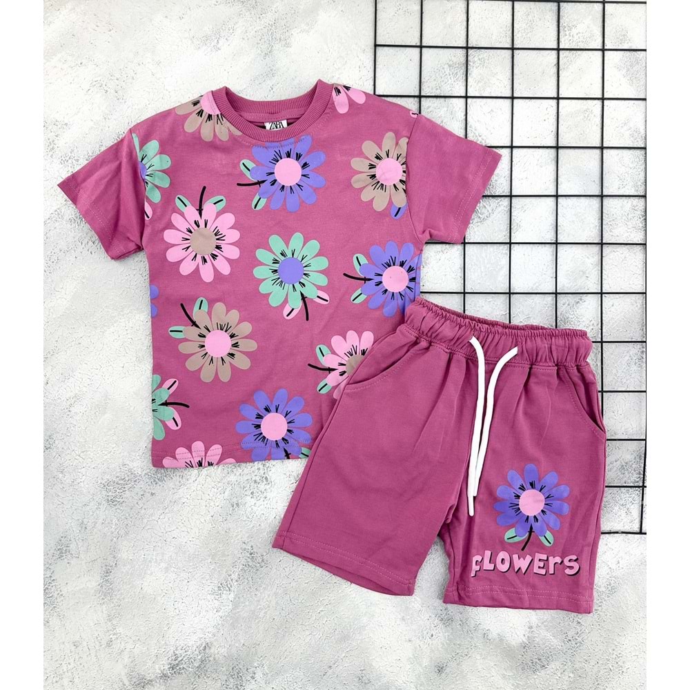 ZR 7039 PAPATYA BASKILI ŞORT TAKIM - MÜRDÜM - 7-8 YAŞ