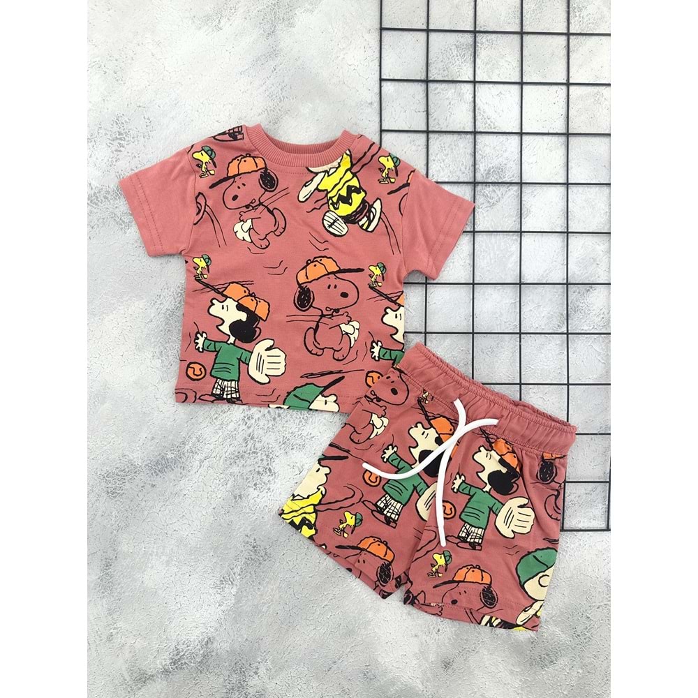 ZR 7049 SNOOPY BASKILI ŞORT TAKIM - KİREMİT - 6 AY