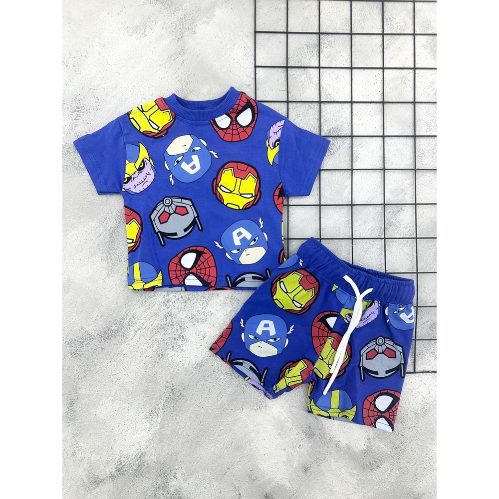 ZR 7050 MARVEL KAFALAR BASKILI ŞORT TAKIM - MAVİ - 12 AY