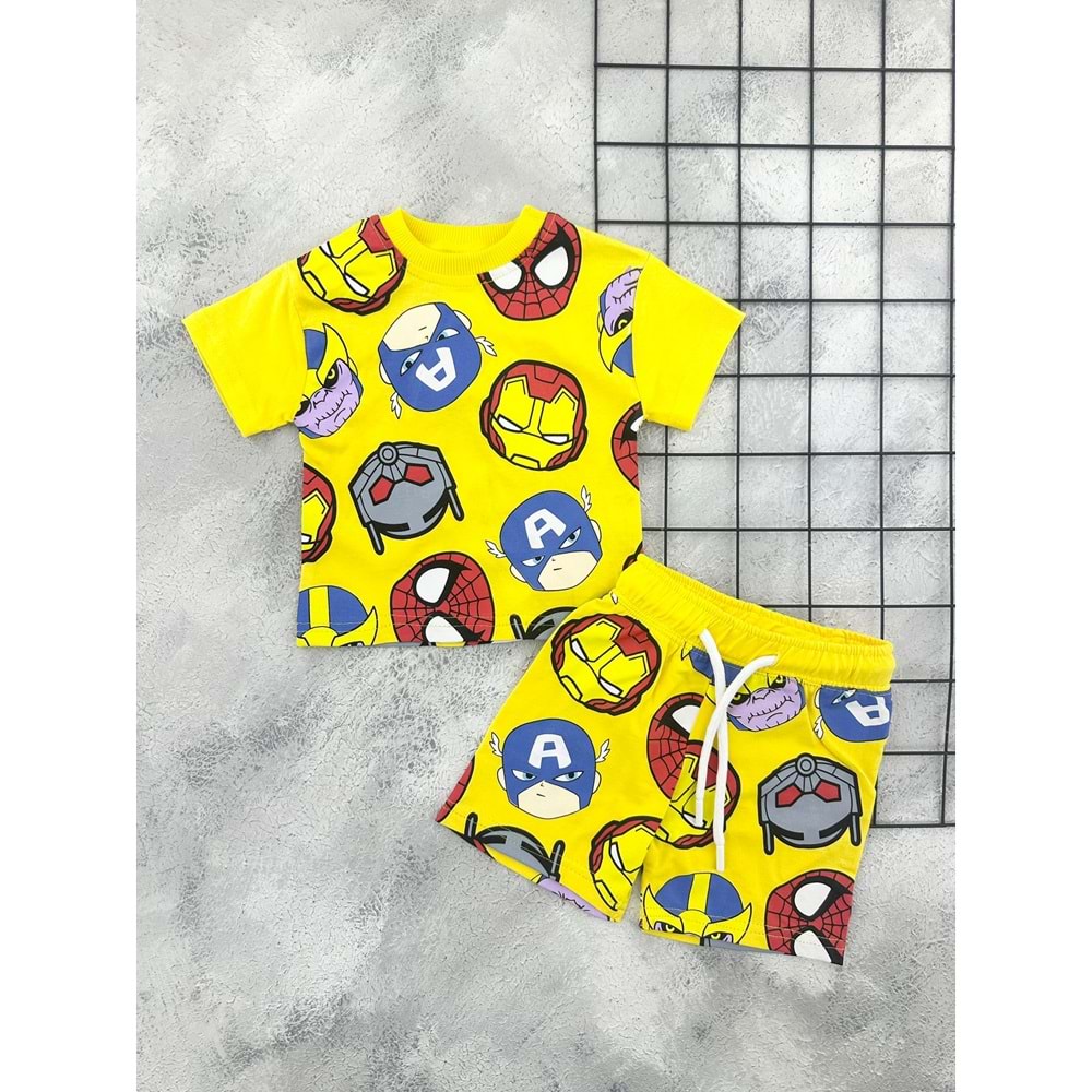 ZR 7050 MARVEL KAFALAR BASKILI ŞORT TAKIM - SARI - 9 AY