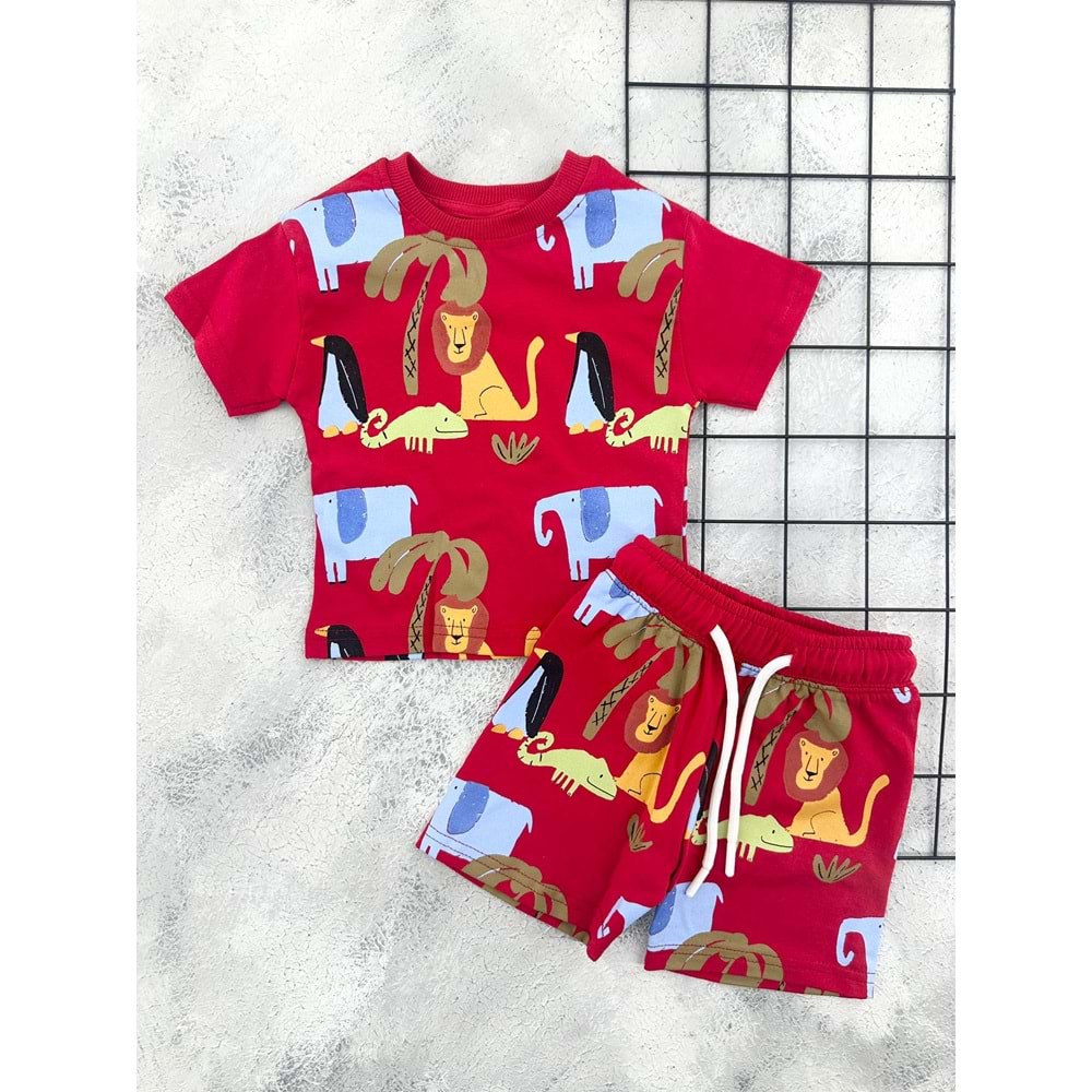 ZR 7051 HAYVAN BASKILI ŞORT TAKIM - KIRMIZI - 9 AY