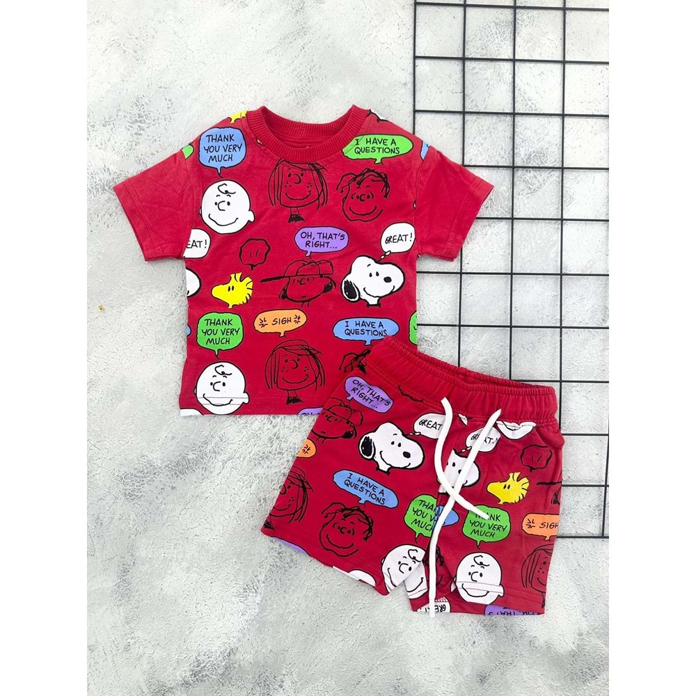 ZR 7052 SNOOPY BASKILI ŞORT TAKIM - KIRMIZI - 24 AY