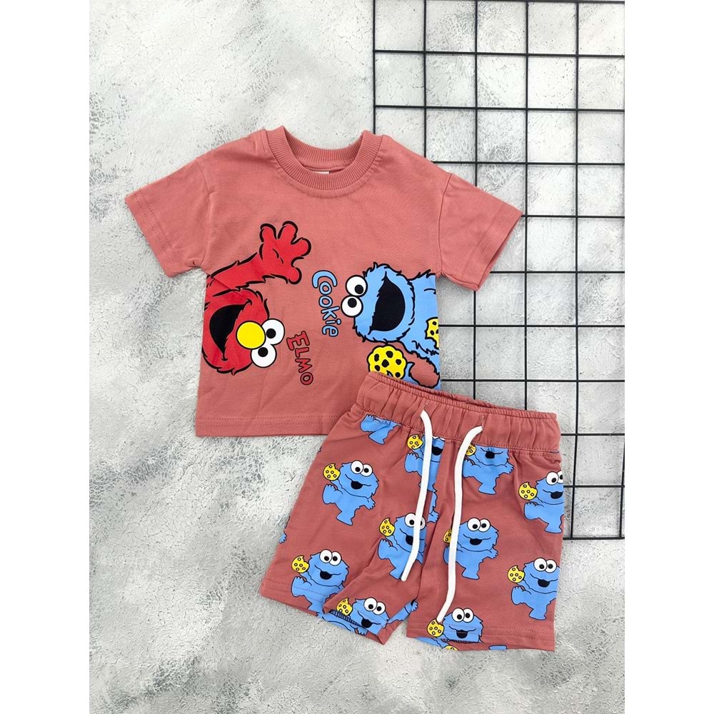 ZR 7047 ELMO&COOKİE BASKILI ŞORT TAKIM - KİREMİT - 9 AY