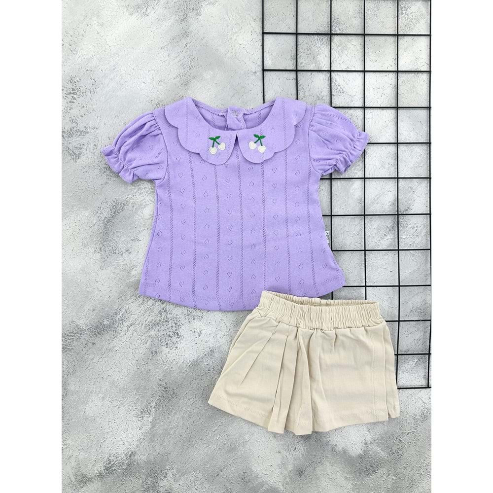 NAZAR 26338 KİRAZ NAKIŞ YAKA ŞORT TAKIM - LİLA - 9 AY
