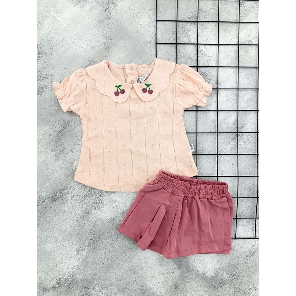 NAZAR 26338 KİRAZ NAKIŞ YAKA ŞORT TAKIM - SOMON - 9 AY