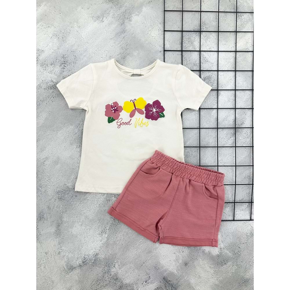 NAZAR 26362 KELEBEK BASKILI ŞORT TAKIM - KREM - 5 YAŞ