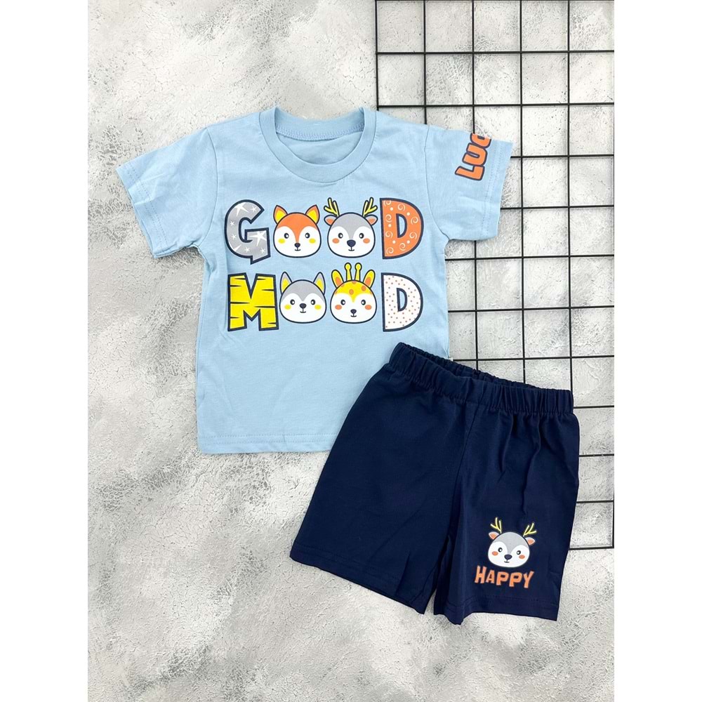 BAMBU 61418 GOOD MOOD BASKILI ŞORT TAKIM (1-4 YAŞ) - MAVİ - 2 YAŞ