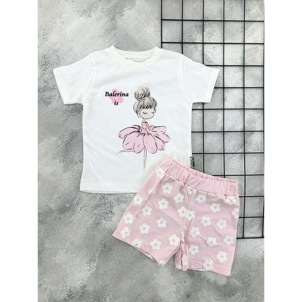 BAMBU 61211 BALERİN BASKILI ŞORT TAKIM (1-4 YAŞ) - PEMBE - 2 YAŞ