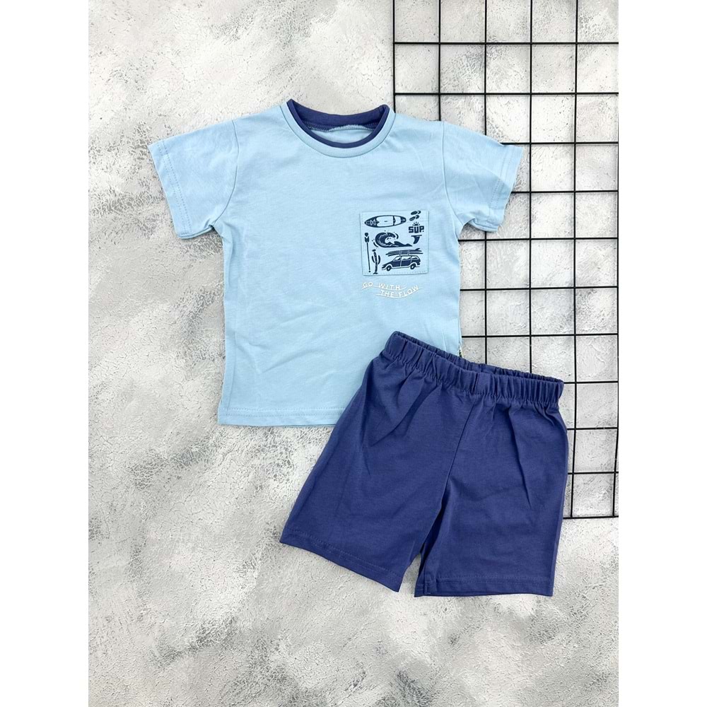 BAMBU 61404 GO WİTH YAZILI ŞORT TAKIM (1-4 YAŞ) - MAVİ - 3 YAŞ