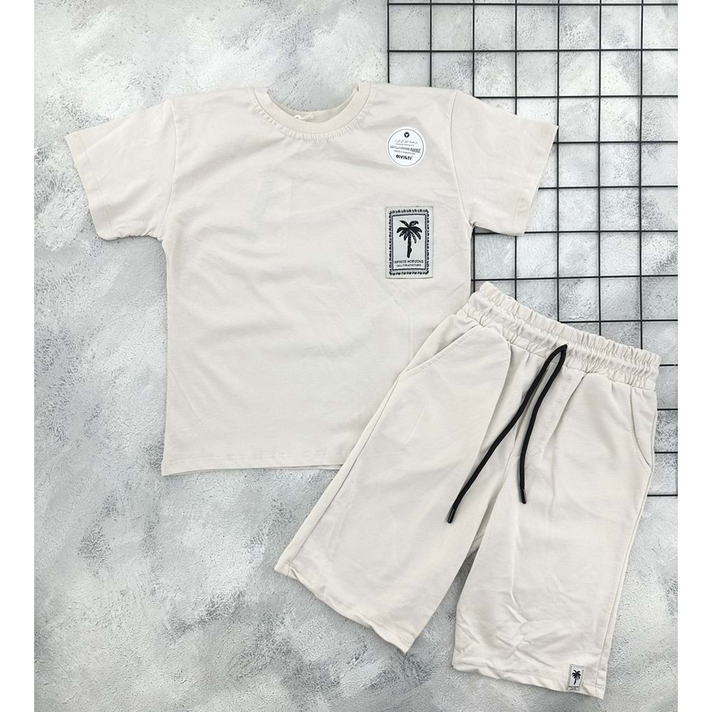 CIVILTI 3540 PALMİYE NAKIŞLI ŞORT TAKIM - BEJ - 9-10 YAŞ