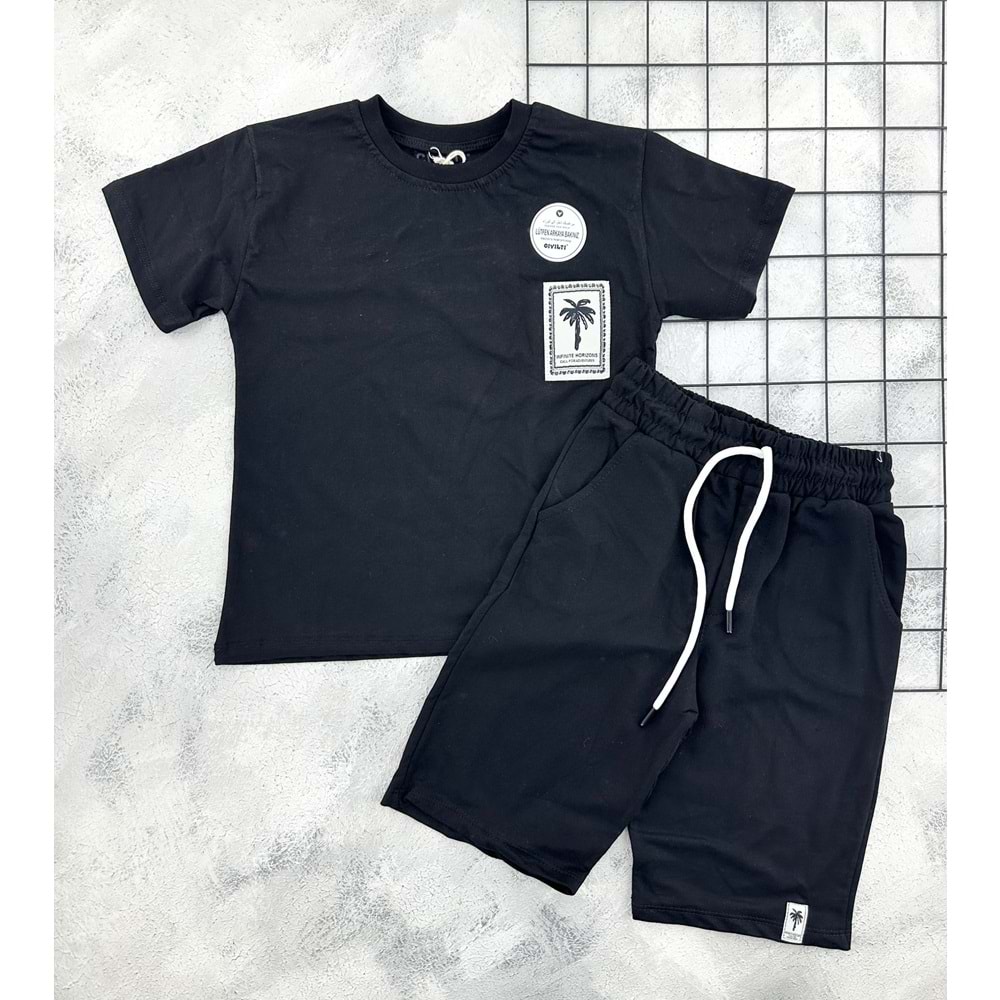 CIVILTI 3540 PALMİYE NAKIŞLI ŞORT TAKIM - SİYAH - 9-10 YAŞ