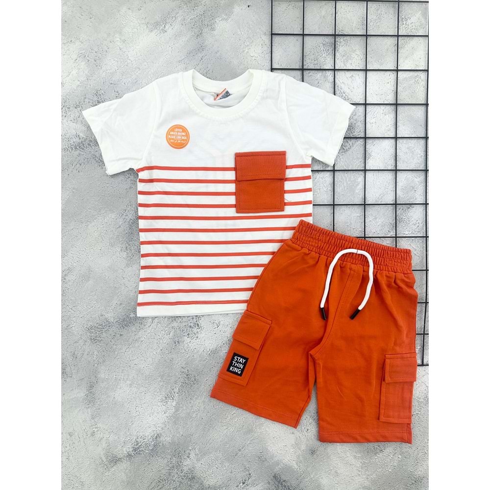 YAVRUCAK 5010 ÇİZGİLİ CEPLİ ŞORT TAKIM - TURUNCU - 8 YAŞ