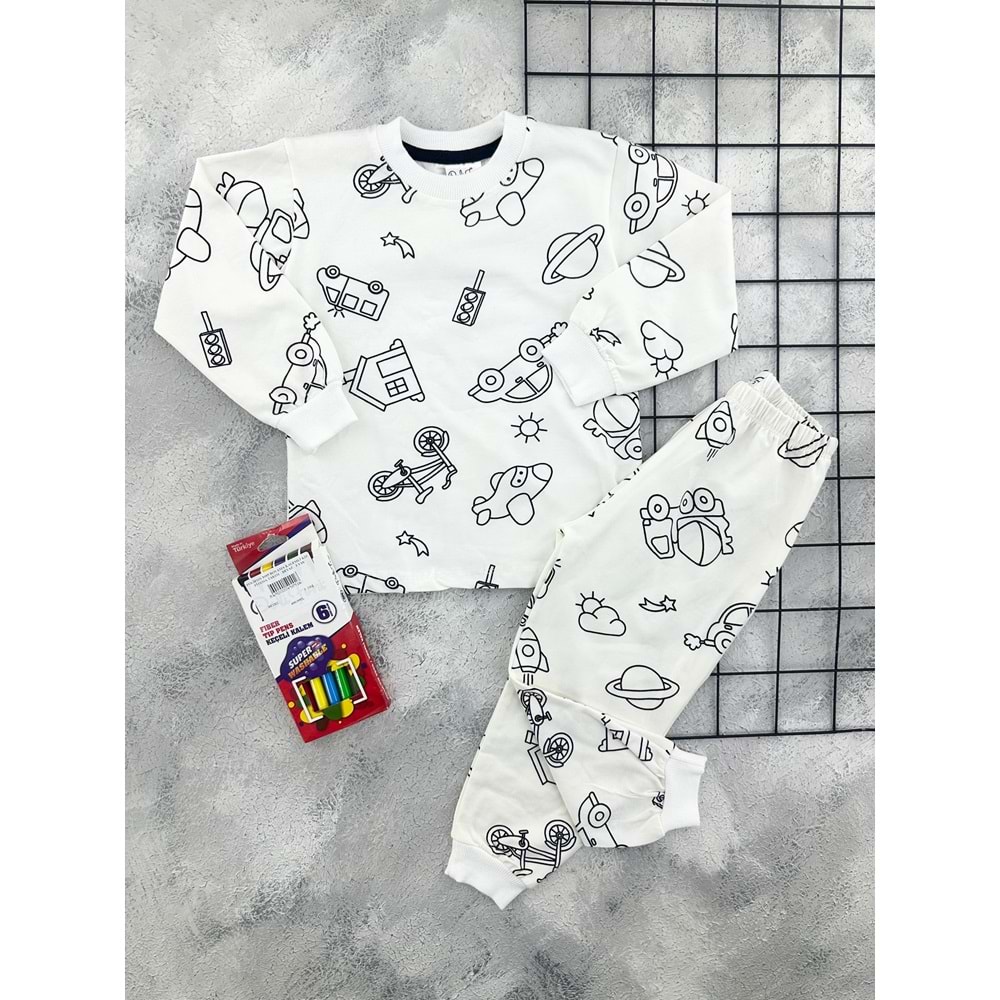 POLİFON 3090 BOYAMA KALEMLİ ERKEK PİJAMA TAKIM - BEYAZ - 4 YAŞ