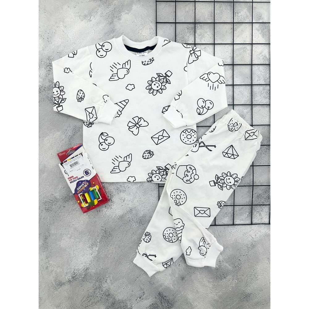 POLİFON 3095 BOYAMA KALEMLİ KIZ PİJAMA TAKIM - BEYAZ - 3 YAŞ