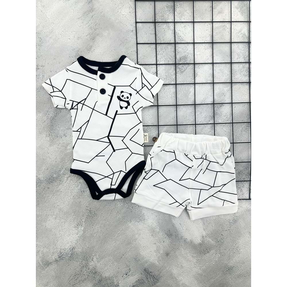 COŞAY 26109 PANDA ÇİZGİLİ BADİ ŞORT TAKIM - BEYAZ - 6-9 AY