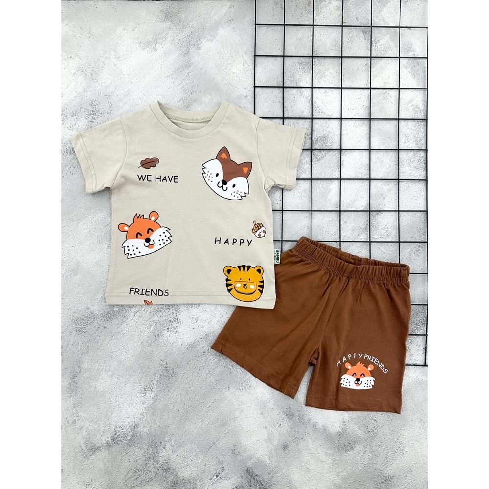 BAMBU 61301 SEVİMLİ YÜZLER ŞORTLU TAKIM - KAHVE - 4 YAŞ