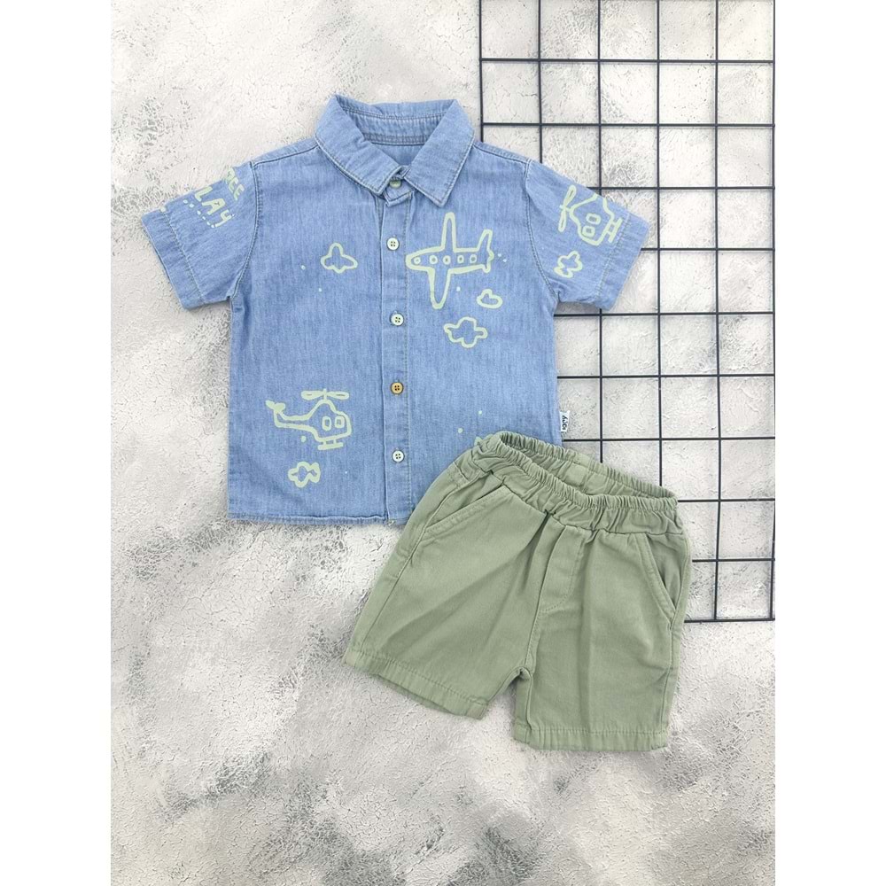 BEBİÇO 26110 KOT UÇAK GÖMLEK TAKIM - YEŞİL - 6-9 AY