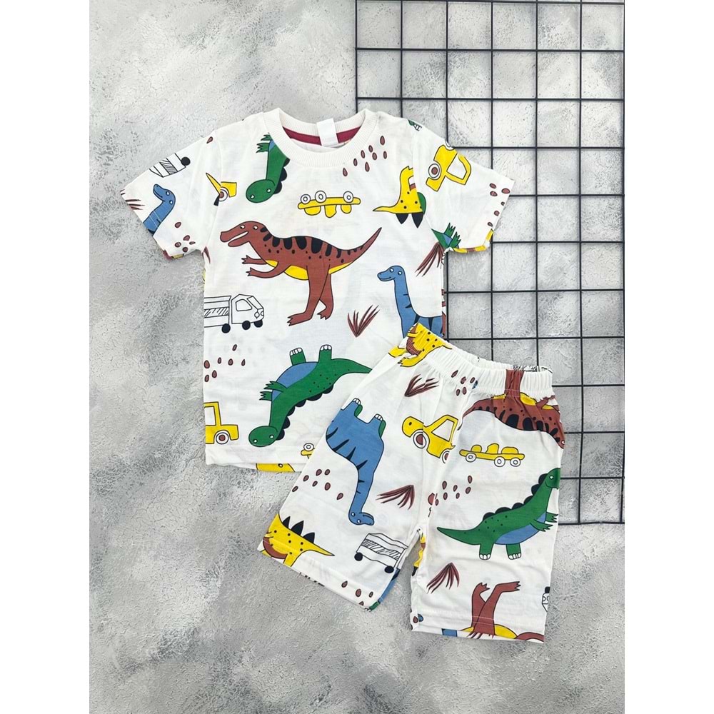 MRS 6073 ARABALI DİNAZOR DESEN ŞORTLU TAKIM - BEYAZ - 4 YAŞ