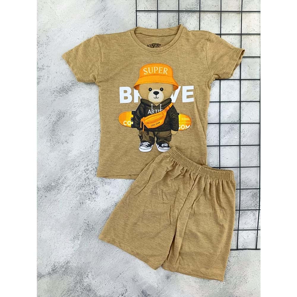 KESKİNCAN 9092 ŞAPKALI AYICIK ŞORT TAKIM - KAHVE - 4 YAŞ