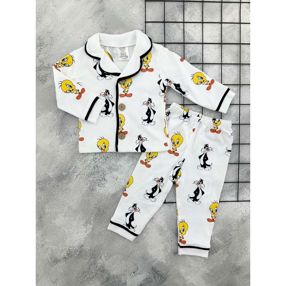 MİNİ LOVE 8506 TWEETY SYLVESTER PİJAMA TAKIM - KREM - 6 AY