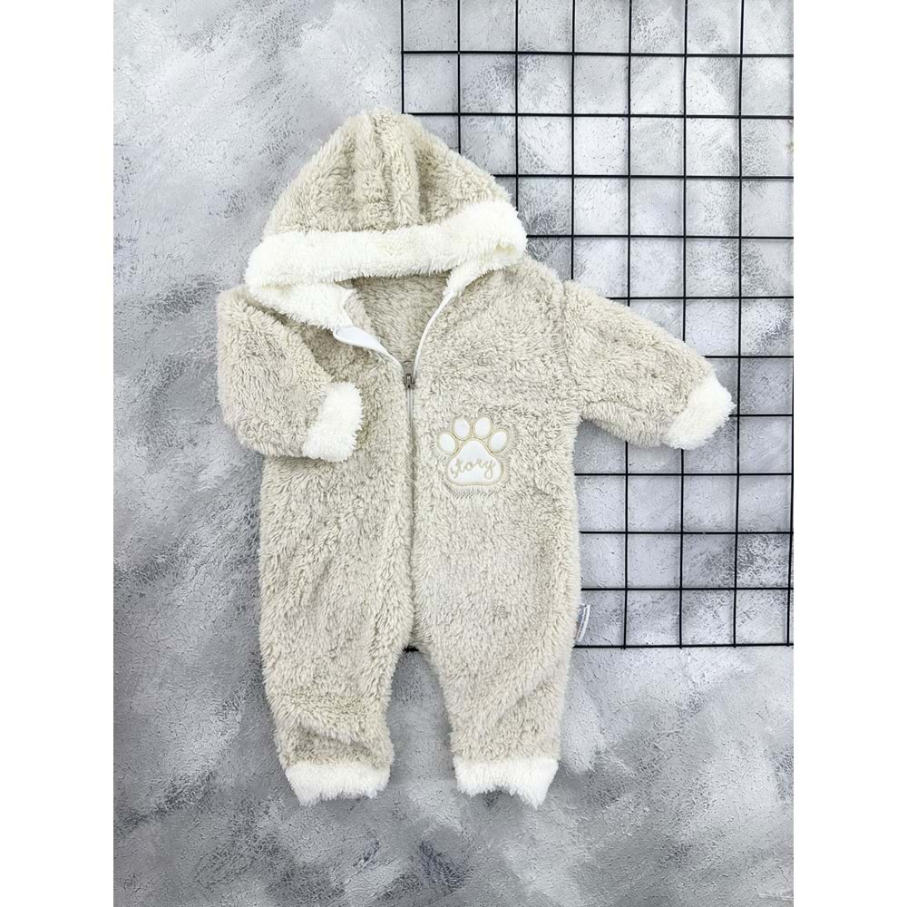 STORYBABY 16038 PATİ NAKIŞLI KAPÜŞONLU WELSOFT TULUM - SÜTLÜ KAHVE - 9-12 AY