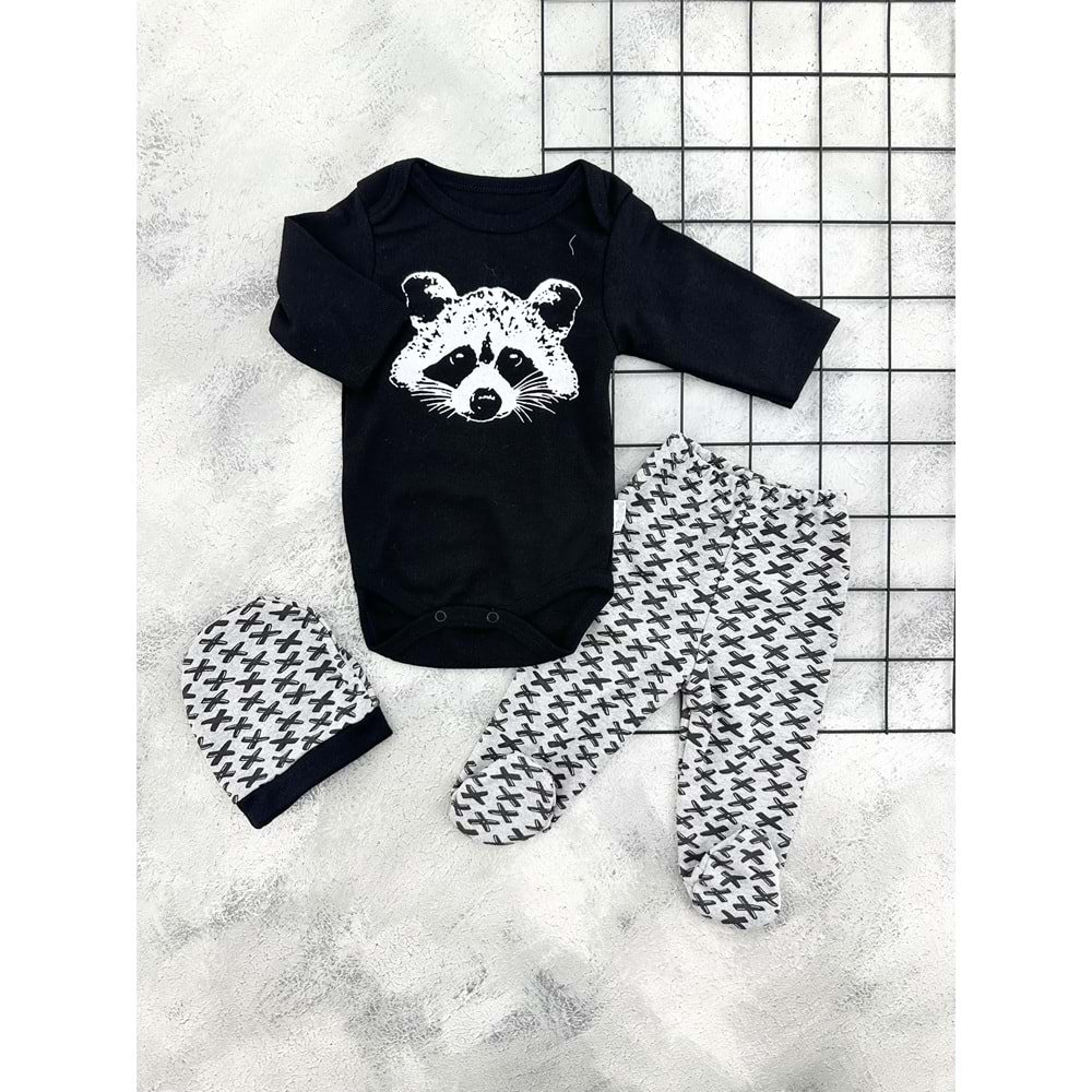 MİNİBİRD 0449 PANDA BASKILI 3 LÜ BADİ TAKIM - SİYAH - 6 AY