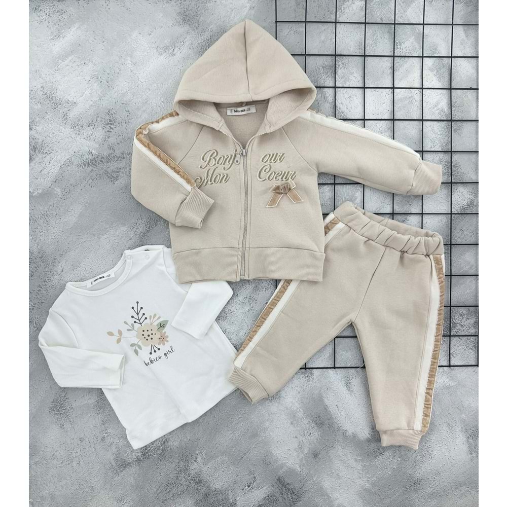 BEBİÇO 5625 ÇİÇEKLİ YAZI NAKIŞLI HIRKALI 3 İP TAKIM - BEJ- 9-12 AY